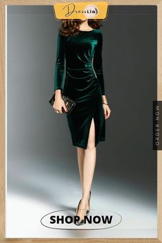 Women's Velvet Plus Size Solid Color Crew Neck Dress Winter Cocktail Sheath Midi Dress, Elegant Green Knee-length Long Sleeve Dress, Green Formal Mini Dress For Winter, Green Mini Dress For Formal Winter Occasions, Women Bodycon Dress, Affordable Dresses, Body Con Dress, Crewneck Dress, Dress Long Sleeve