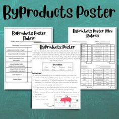 three posters with the words, product and description in black and white on green chalkboard