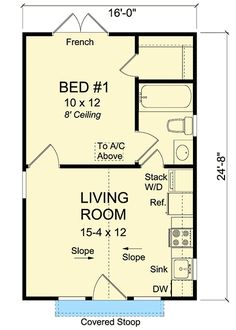 the floor plan for a small house with two bedroom and living room, including an attached bathroom