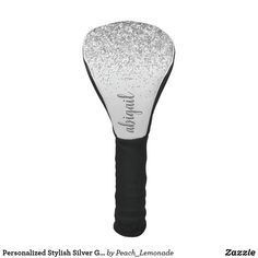 the personalized silver glitter golf club headcover is shown in black and white