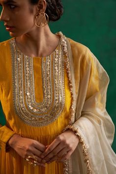 Buy Yellow Chanderi Embroidered Mukaish Round Anarkali Palazzo Set For Women by Rekha Agra Online at Aza Fashions. Colour Shade Card, Chanderi Anarkali, Turmeric Yellow, Mukaish Work, Chanderi Dupatta, Embroidered Anarkali, Palazzo Set, Embroidered Border, Zari Work