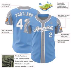 Custom Light Blue White-Gray 3 Colors Arm Shapes Authentic Baseball Jersey Baseball Jersey Men, Blue Football, St. Patricks Day, Alpha Kappa Alpha, 3d Pattern, White Jersey, Custom Lighting, Number 3, Baseball Jersey