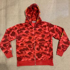 Great Condition Red Bape Double Zip Hoodie Size 2xl. Shark Hoodie, Red Camo, Tiger Shark, Bathing Ape, A Bathing Ape, Colorful Hoodies, Zip Hoodie, Camo, Mens Jackets