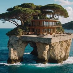 a house built into the side of a cliff in the middle of the ocean with trees on top