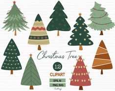 christmas tree clipart set with different types of trees and stars on the top one