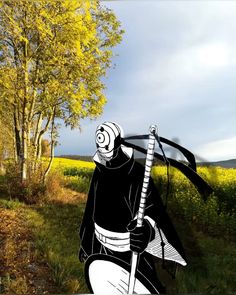 a cartoon character holding a black and white umbrella in front of a field full of yellow flowers