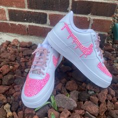 Pink Drippy Custom Made Blinged Air Force 1 With Blinged Shoe Strings Bling Adidas Shoes, Rhinestone Air Force Ones, Cute Bedazzled Things, Bedazzled Jordans, Bedazzle Shoes, Custom Air Force Ones, Custom Jordan Shoes, Bedazzled Stuff, Bedazzled Shoes Diy