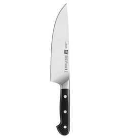 a large knife with black handles on a white background