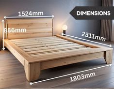 a bed frame with measurements for the headboard and foot board in front of it