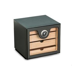 a wooden box with two drawers on the front and one drawer open to reveal a key