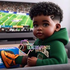 a baby doll sitting on top of a couch in front of a football field and stadium