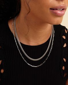 Introducing our best-selling chain stack: The Cuban Link + Paperclip Chain in sterling silver. These modern chain link styles complement each other beautifully, and at a bundled discount they make the perfect gift for yourself or someone you love. Both chains are 18 inches in length and include a two-inch chain extension to create a stunning stack. JAXXON Women's Cuban Link + Paperclip Silver Chain Stack | 18"/18" (With 2" Extenders) Silver Layered Necklaces, Chain Stack, Track Star, Solid Gold Chains, Silver Coat, Silver Shop, Natural Forms, Cuban Link, Men's Rings