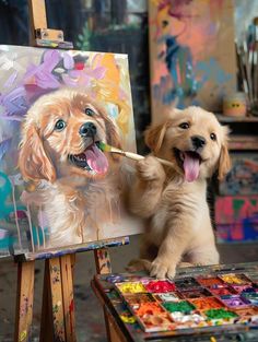 a dog is painting on an easel with his tongue out and it's paw in the paintbrush