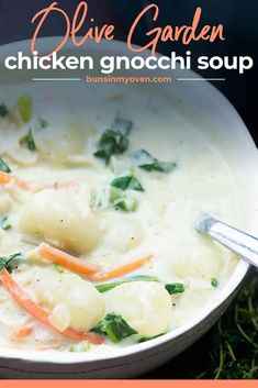 a white bowl filled with chicken gnocchi soup