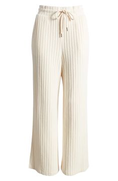 A softly ribbed texture furthers the comfort of these pull-on pants that are ready to make your weekend even more relaxed. 28 1/2" inseam 75% viscose, 22% polyester, 3% elastane Machine wash, tumble dry Imported Ribbed Beige Pants For Loungewear, Elegant Ribbed Spring Pants, Spring Ribbed Sweatpants For Loungewear, Chic Ribbed Pants For Loungewear, White Ribbed Bottoms For Fall, Neutral Bottoms For Lounging In Spring, Spring Lounging Bottoms In Neutral Color, Spring Neutral Bottoms For Lounging, Chic Ribbed Bottoms With Relaxed Fit