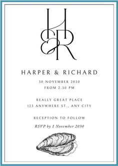 a white and blue wedding card with the words harper & richard written on it in black ink