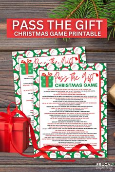 a christmas game for pass the gift on a wooden table with presents and red ribbon