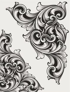 an abstract floral design with swirls and curls in black and white on a gray background