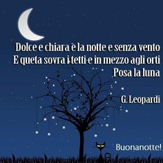 an image of a tree with stars and moon in the night sky above it that reads, dolce e chara la notee de notte senza ver