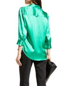 L'Agence "Dani" silk blouse. Spread collar; button front. Three-quarter sleeves; button cuffs. Semi-fitted. Shirttail hem. Silk; dry clean. Imported. Three Quarter Sleeves, Silk Blouse, Silk Satin, Three Quarter, Top Designers, Neiman Marcus, Tops Designs, Dry Clean, Satin