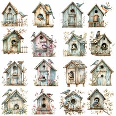 a bunch of bird houses that are painted in watercolor