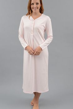 Classic Long Henley Gown – Cotn Collection Long Sleeve Cotton Nightgown, Elegant Long Sleeve Cotton Sleepwear, Elegant Long Sleeve Nightgown For Home, Elegant Long Sleeve Nightgown For Loungewear, Cotton Gowns, Nursing Mother, Ankle Length, Night Gown, Long Sleeve