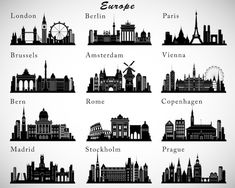 black and white silhouettes of european cities