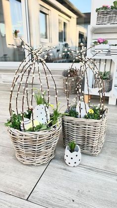 two wicker baskets with plants in them sitting on a wooden floor next to each other