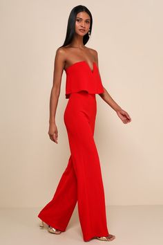 Sexy Red Jumpsuit - Strapless Jumpsuit - Wide Leg Jumpsuit - Lulus Red Strapless Jumpsuit For Summer, Bandeau Strapless Jumpsuit For Party, Strapless Ruffled Jumpsuits And Rompers For Date Night, Flirty Strapless Jumpsuits And Rompers For Date Night, Flirty Strapless Jumpsuits For Date Night, Red Strapless Jumpsuit For Parties, Red Strapless Jumpsuits And Rompers For Party, Strapless Sleeveless Ruffles Jumpsuit For Date Night, Elegant Red Strapless Jumpsuit For Date Night