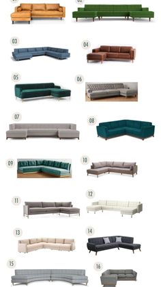 the different types of couches are shown in this image, and each has their own color