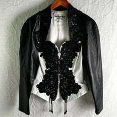 Giovinezza Moda By Rocco D’amelio Vintage Beaded Sequin Leather Jacket Small Good Used Condition No Flaws Found Except The Shoulder Pads Have Been Cut Out As You Can See No Other Flaws Found Very Soft Fine Leather Chest 18” Length 22” Oversized Puff Give This 80s Western Classic A Real Rodeo Queen Look Embellished Fitted Leather Jacket With Long Sleeves, Fitted Embellished Leather Jacket With Long Sleeves, Fitted Long Sleeve Embellished Leather Jacket, Fitted White Embellished Outerwear, Spring Embellished Leather Jacket With Long Sleeves, Fitted Black Embellished Leather Jacket, Elegant Fitted White Leather Jacket, 80s Western, Rodeo Queen