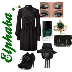 a woman in black dress and hat with green eyeshade, accessories and handbag