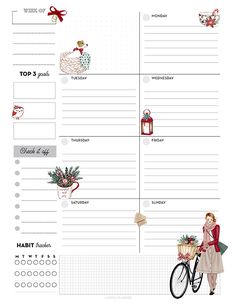 a christmas planner with an image of a woman on a bike and presents in the basket