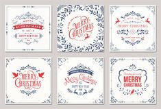 six christmas greeting cards with hand lettering and ornaments royalty - free stockvectors