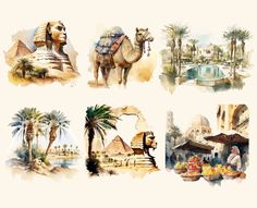 watercolor paintings of different types of desert scenes