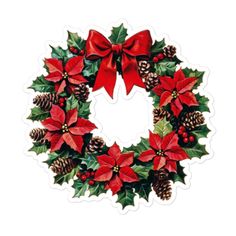 a christmas wreath with poinsettis, pine cones and red ribbon on it