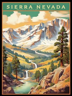 a poster with mountains, trees and water in the foreground is an image of a waterfall