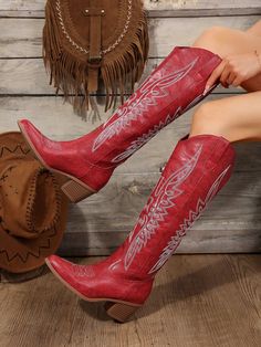 Famous Embroidered Boots, Go With Sweater, 2024 European And American Style Retro Chunky High Heel Cowboy Over-The-Knee Boots For Women Red     Geometric    Women Shoes, size features are:Bust: ,Length: ,Sleeve Length: Red Snip Toe Boots For Western-themed Events, Red Platform Cowboy Boots, Knee High Red Cowboy Boots, Red Western Style Mid-calf Boots, Red Western Knee-high Boots, Embroidered Boots, Chunky High Heels, Western Boots Women, Outdoor Shoes