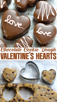 Heart-shaped chocolate-covered cookie dough treats decorated with pink icing, alongside heart-shaped cookie cutters and raw chocolate chip cookie dough Holiday Desert Recipes, Edible Chocolate Chip Cookie Dough, Best Chocolate Desserts, Quick Dessert Recipes, Best Peanut Butter, Chocolate Dessert Recipes, Peanut Butter Recipes, Dessert Lover, Chocolate Chip Cookie Dough