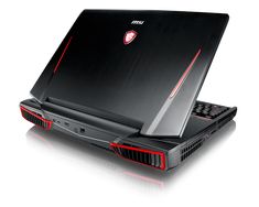 a black laptop with red trims on the top and bottom cover is open to show it's screen