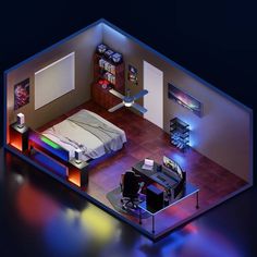 an aerial view of a bedroom with a bed, desk, and computer monitor in it