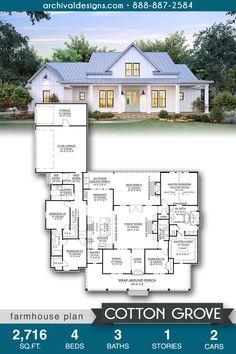 the farmhouse house plan is shown with three bedroom, two bathrooms and an open floor plan