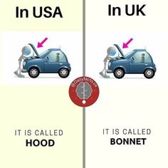 an image of two cars with the words in usa and in uk, it is called hood