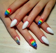 50+ Rainbow Nails You Need To Try Right Now | Rainbow Nail Art Designs, Rainbow Nail Art, Pride Nails, Rainbow Nail, Square Nail Designs, Colorful Nails, White Nail Polish, Rainbow Nails