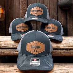 These Richardson 112 Trucker Hats are the perfect gift for any Groom and his wedding squad. We use a premium custom cut leatherette patch that is perfectly laser engraved for an awesome look.  Hats shown in the listing photo are: "Black to Charcoal" with the "Rawhide to Black" patch. How to order: Use the Dropdown Menu to make your selections: Hat Color Patch Color Use the personalization box to specify the Text that is to be engraved. ie: Title: "Groomsmen" "Initials: JM" Wedding Date: "Novembe Custom Hats Men, Customizable Snapback Hat With Curved Brim, Groomsmen Hats Baseball Wedding Ideas, Groomsman Hat, Wedding Ball Caps For Groom, Customizable Flat Bill Snapback Hat, Groomsmen Baseball Hats, Groom Baseball Hat Weddings, Adjustable Trucker Hat For Wedding