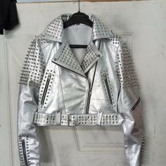 Women Silver Brando Punk Silver Spiked Studded Cowhide Leather Jacket on Storenvy Studded Jacket, Workout Jacket, Punk Fashion, Beautiful Fashion, Silver Studs, Leather Craft, Cowhide Leather, Leather Handmade, All Over The World