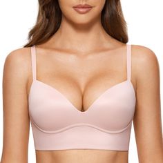 PRICES MAY VARY. Ultra soft cups give you buttery feel, keeping you comfortable all day Add 1.5 cup pushup pads for great support and cleavage-enhanced look Wirefree bralette without the pain of wires digging in Elastic longline underband with hook and eye closure Convertible straps for criss cross or traditional wear Plunging neckline shows more cleavage under deep v clothes DOBREVA most comfortable push-up bras are available now. Don't miss out! Big Bra, Lounge Bra, Comfy Bra, Corset Bra, Bra Size Charts, Cute Bras, Basic Wear, Lounge Lingerie, Everyday Bra