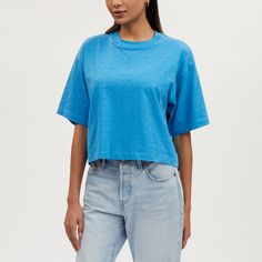 Bright Blue Coach Signature Embossed Cropped Tee 100% Cotton Length: 20 1/2" Chest: 33.5”-35” Fits Sizes 6-8 Blue Relaxed Fit Cropped T-shirt For Summer, Blue Casual Cropped T-shirt For Spring, Summer Blue Boxy Fit Tops, Blue Boxy Fit Top For Summer, Blue Cropped Cotton T-shirt, Blue Short Sleeve Cropped T-shirt For Spring, Blue Boxy Fit Crew Neck Top, Casual Cropped Washed Blue Tops, Casual Washed Blue Cropped Top