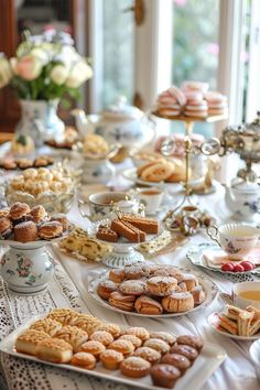 a table filled with lots of pastries and desserts