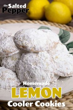 homemade lemon cookies on a white plate with fresh lemons in the background and salted pepper text overlay